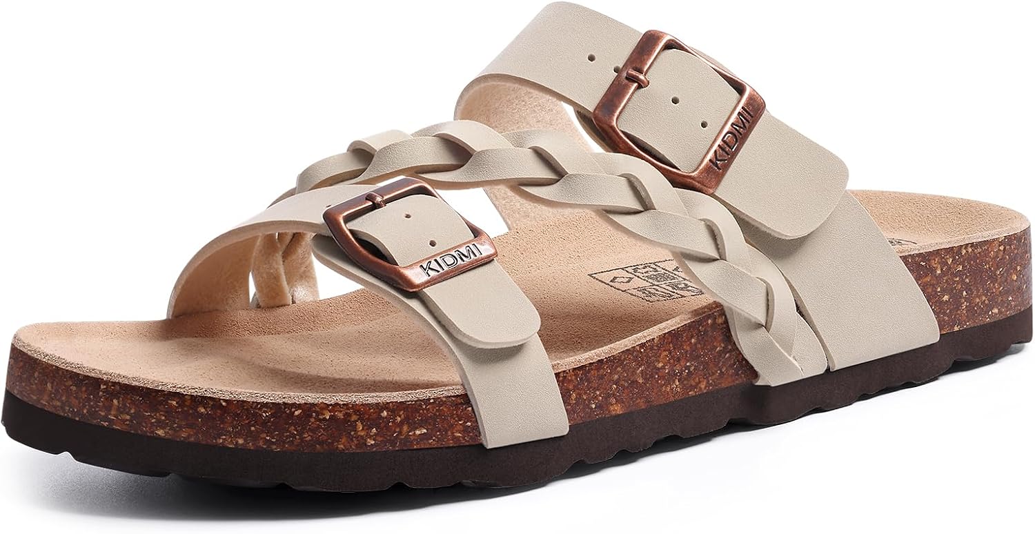 Detalle de KIDMI Women's Cork Footbed Sandals with Arch Support – Comfortable Slip-On Slide with Adjustable Buckle