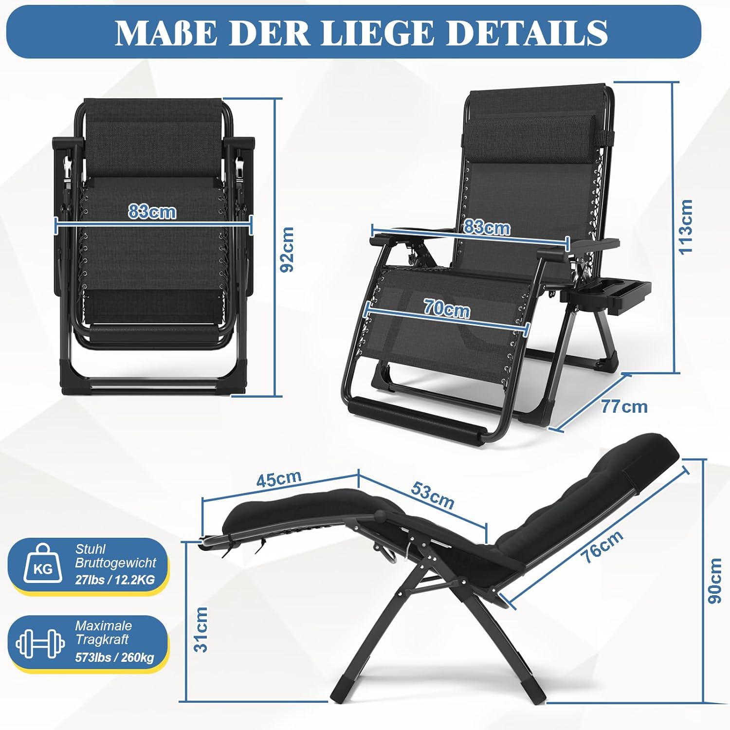 Detalle de Fiutazge 83cm ExtraBreite Sonnenliege Klappbar mit verstellbarer Rückenlehne, Kissen, Getränkehalter und Fußstütze – Schwarz