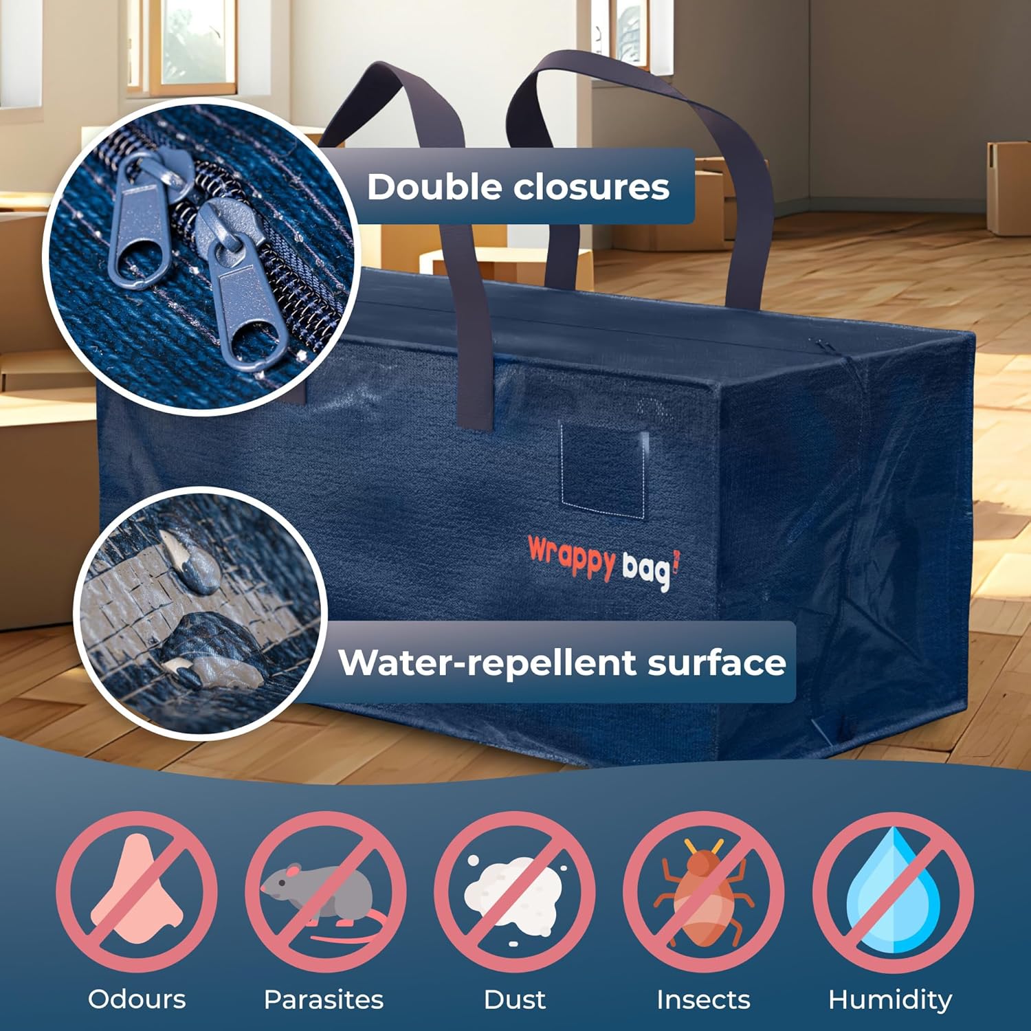 Thumbnail 2 de WRAPPYBAG Set of 4 Large Plastic Storage Bags – Jumbo XXL 76 x 36 x 38 cm with Built-in Backpack Straps