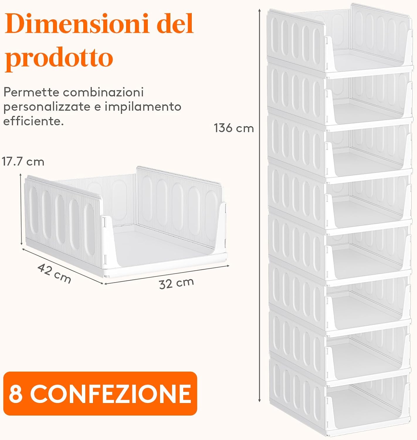 Thumbnail 4 de Lifewit Organizer Armadio Interno – 8 contenitori impilabili, 32×42×17,7 cm, 24 L, bianco