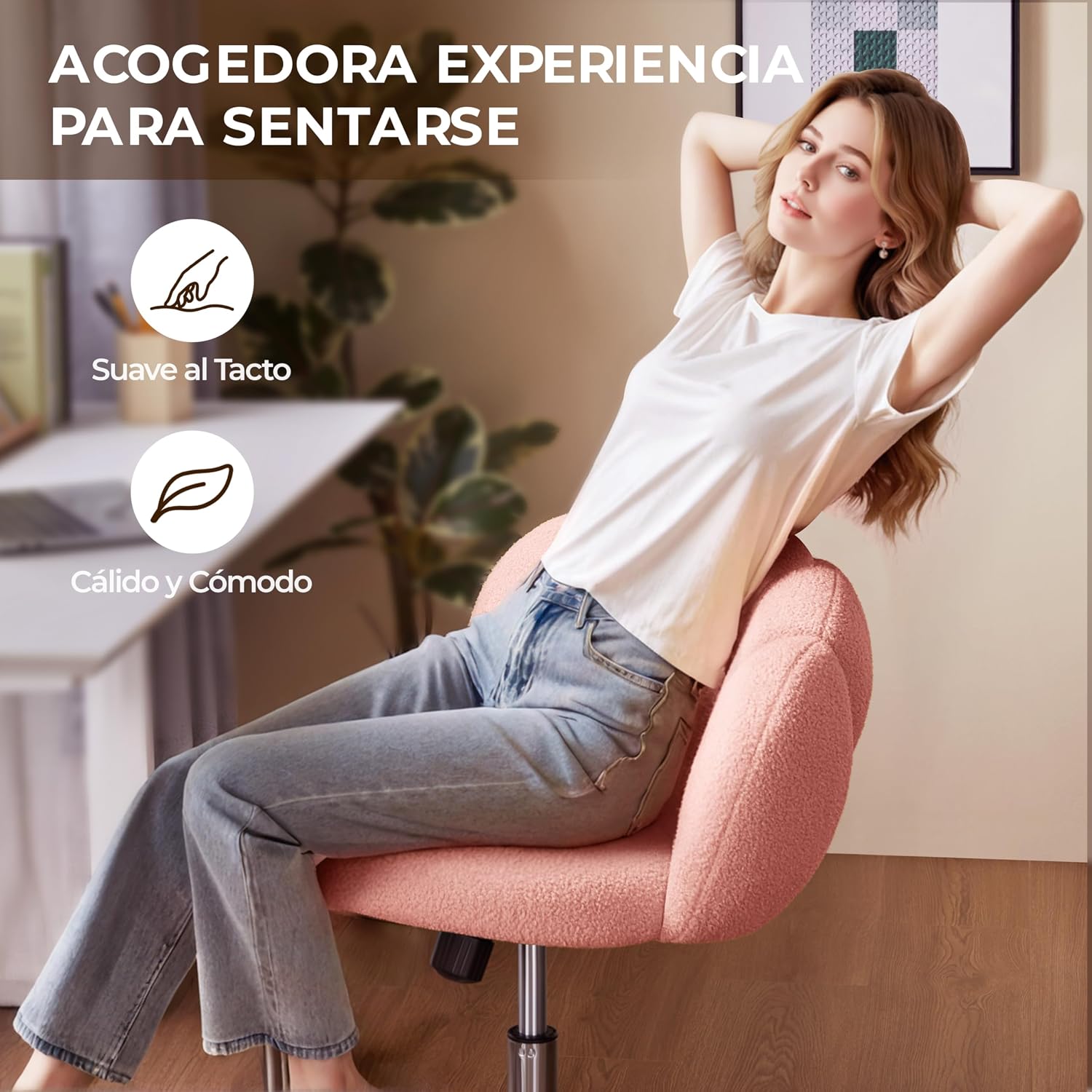 Thumbnail 2 de Yaheetech Silla Ergonómica Rosa con Ruedas