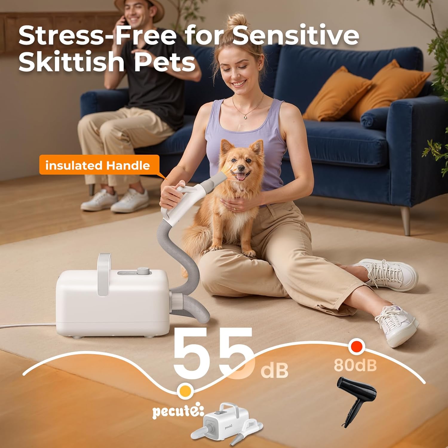 Detalle 1 de Pecute dog hair dryer for grooming – hot & cold cycle, variable speed and 4 nozzle attachments