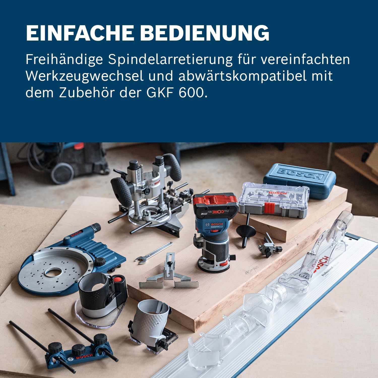 Thumbnail 3 de Bosch Professional 18V System GKF 18V-8 Akku-Kantenfräse – inkl. Parallelanschlag, Absaugadaptern und 8-mm-Spannzange