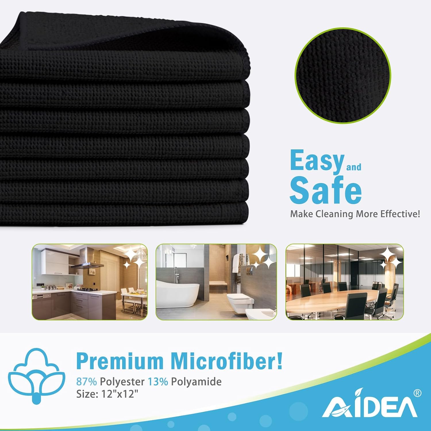 Detalle 2 de AIDEA Black Microfiber Cleaning Cloths (12-pack) – 12" x 12