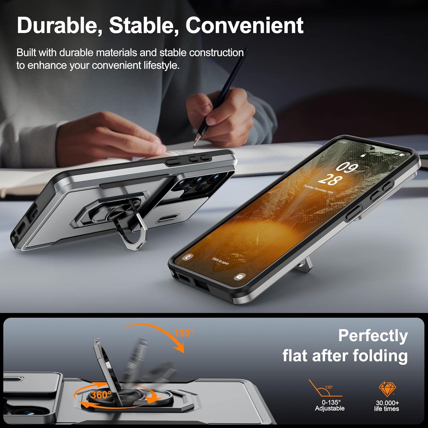 Thumbnail 4 de AMILIFECASES for Samsung Galaxy S26 Ultra case with slide camera cover, rotatable kickstand and 9H screen protector (Gray)