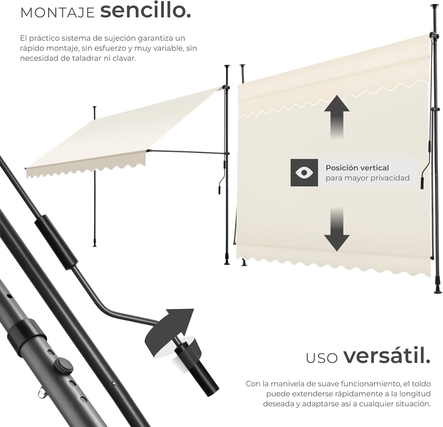 Thumbnail 2 de tectake® Toldo Terraza Manual 300 cm Beige ☀️ Resistente a UV y Agua