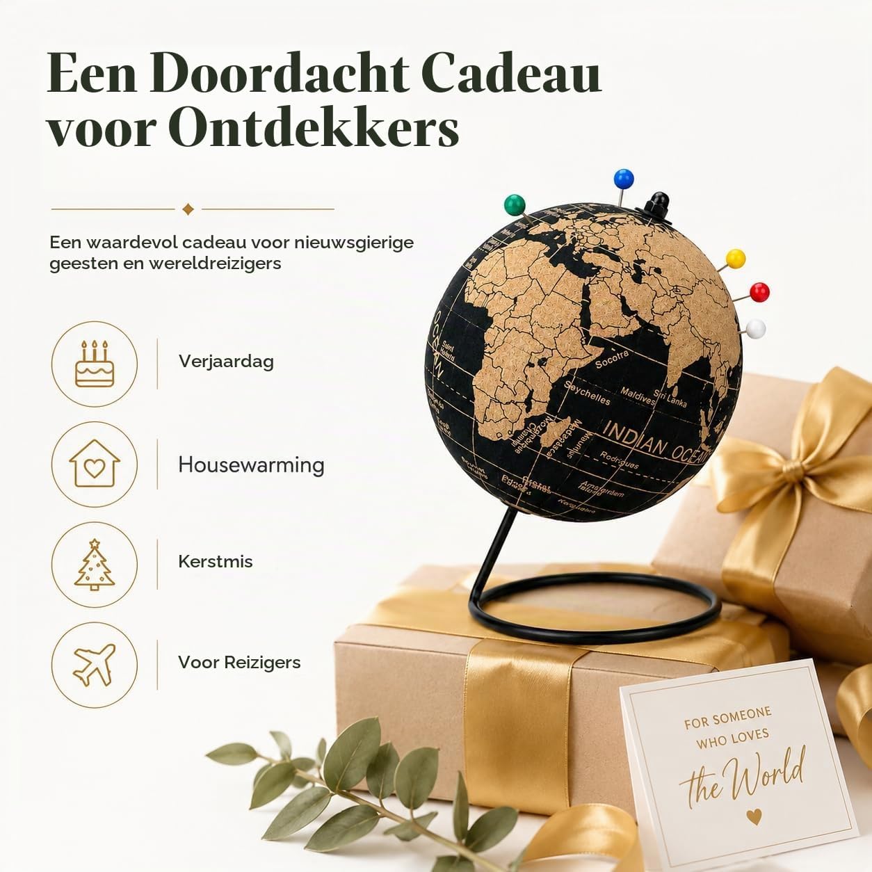 Thumbnail 2 de Exerz EX-PIN kurken wereldbol van 14 cm met Engelstalige kaart en zwarte standaard