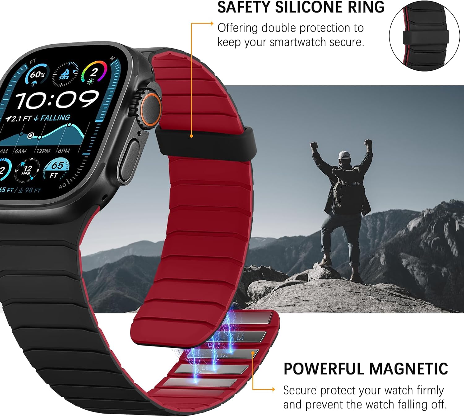 Detalle 2 de Sixmoat Magnetic Silicone Strap for Apple Watch (42mm/41mm/40mm/38mm) – Black-Red