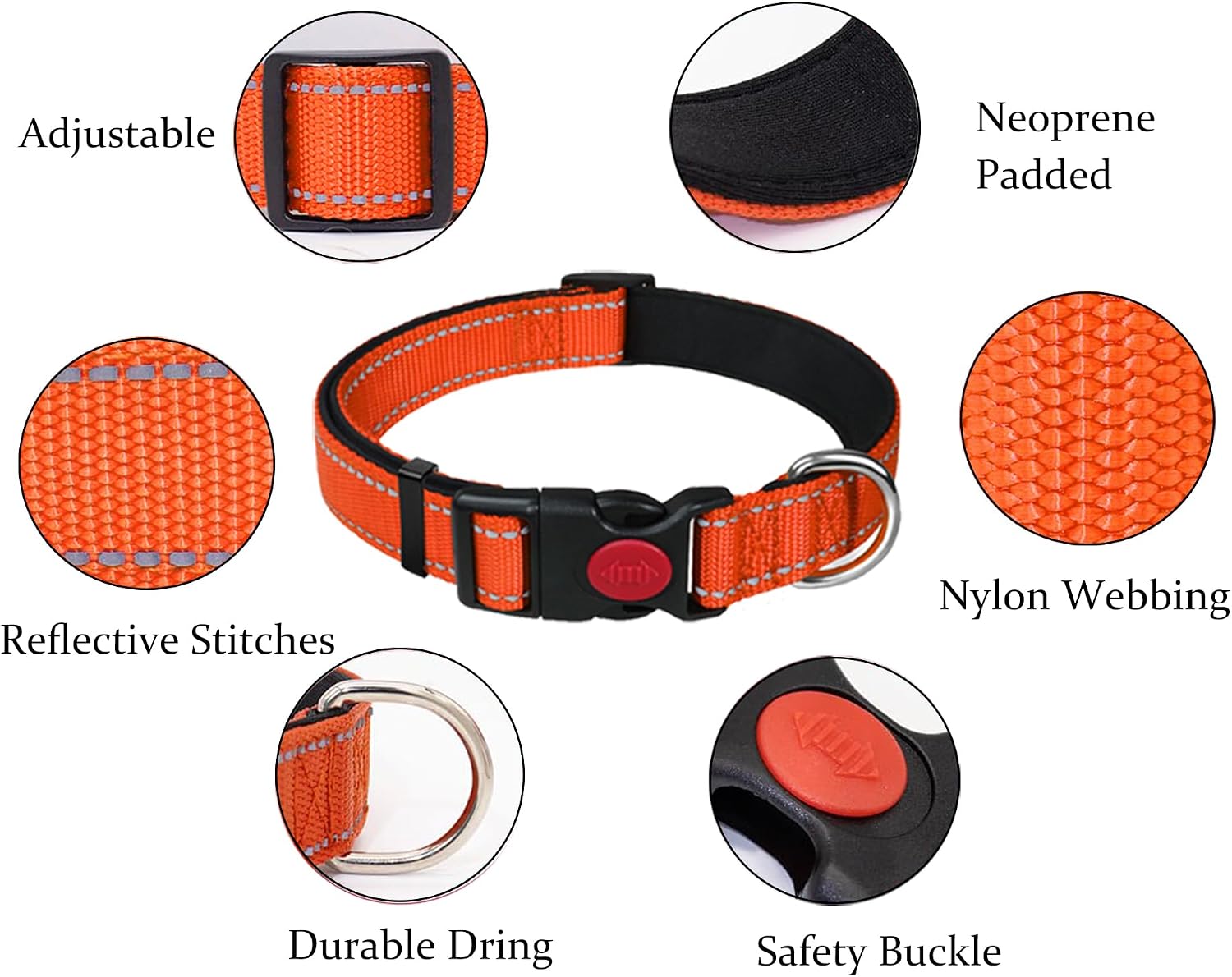 Detalle de Reflective Padded Neoprene Dog Collar with Quick Release Buckle (Orange, L)