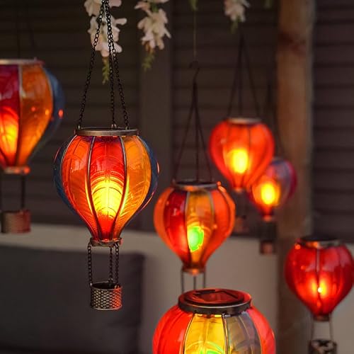 Thumbnail 7 de Festive Lights 45cm Solar Hot Air Balloon Lantern – Rainbow Stain Outdoor Hanging LED Garden Light