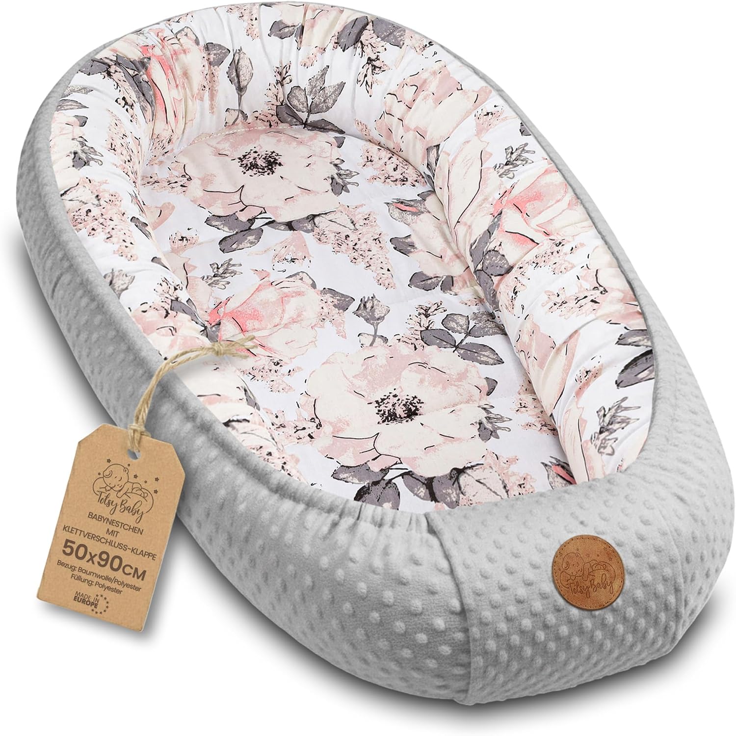 Detalle de Totsy Baby babynest Minky Wild Rose, grått, 90 × 50 cm