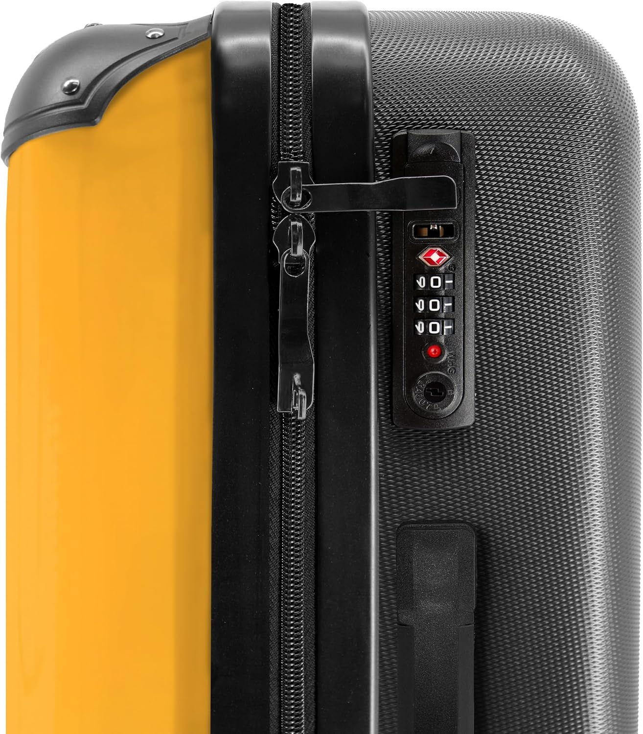 Detalle de Valigia bambini NoBoringSuitcases.com con serratura TSA, design pastore tedesco arancione