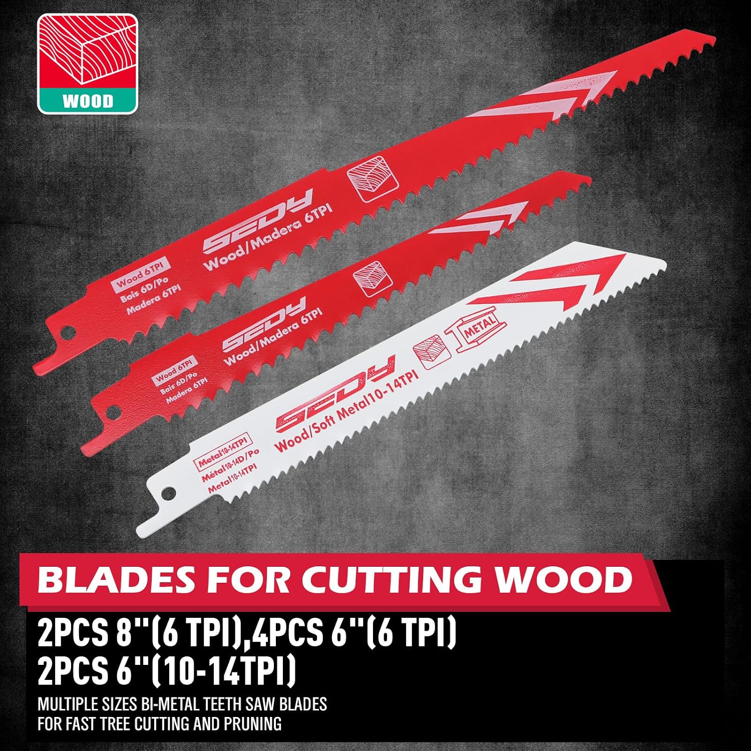 Detalle de SEDY 86501 10-Piece Reciprocating Saw Blade Set, 6- and 8-Inch Wood & Metal