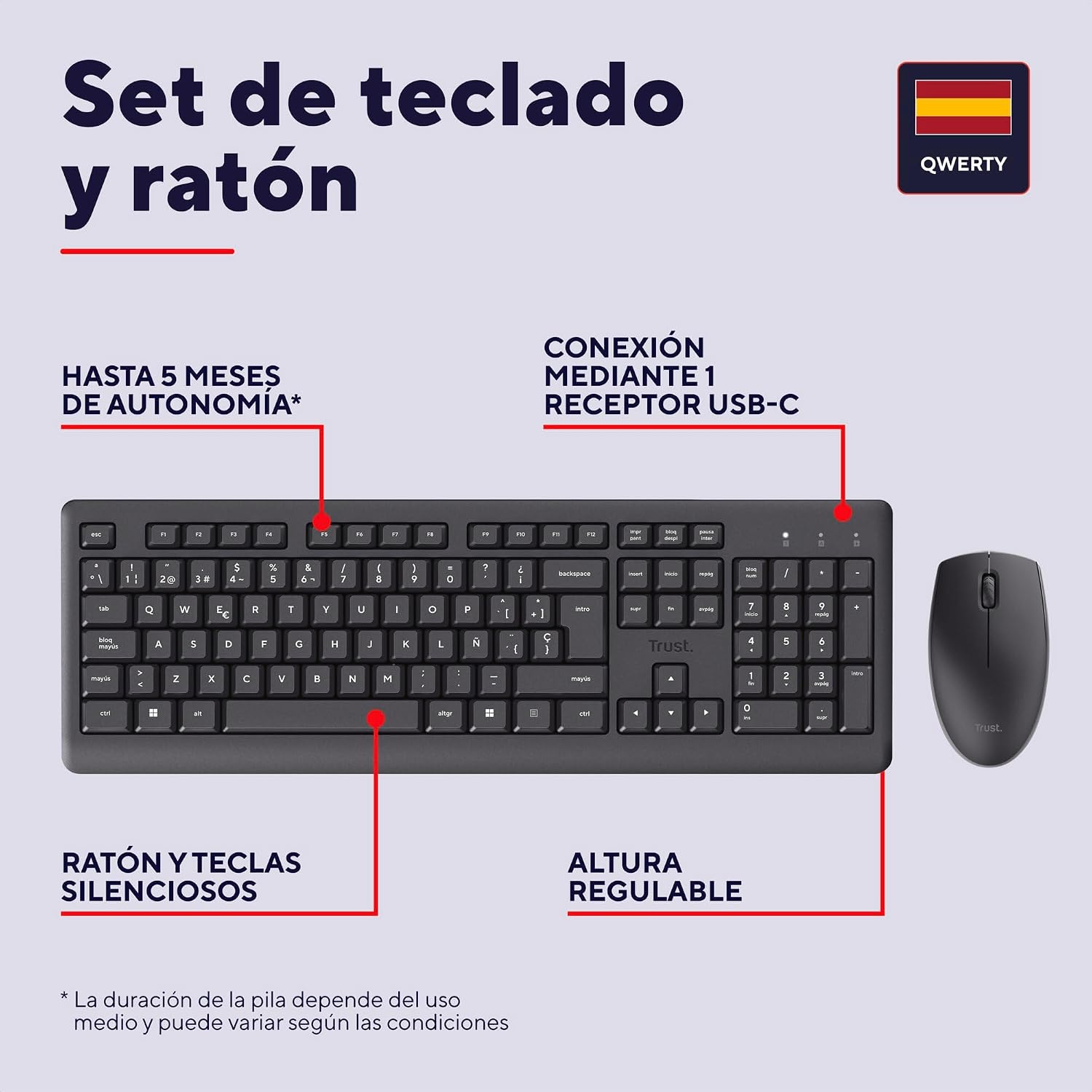 Thumbnail 1 de Trust Taro Pack: teclado y ratón inalámbricos, rendimiento cómodo y diseño ambidiestro