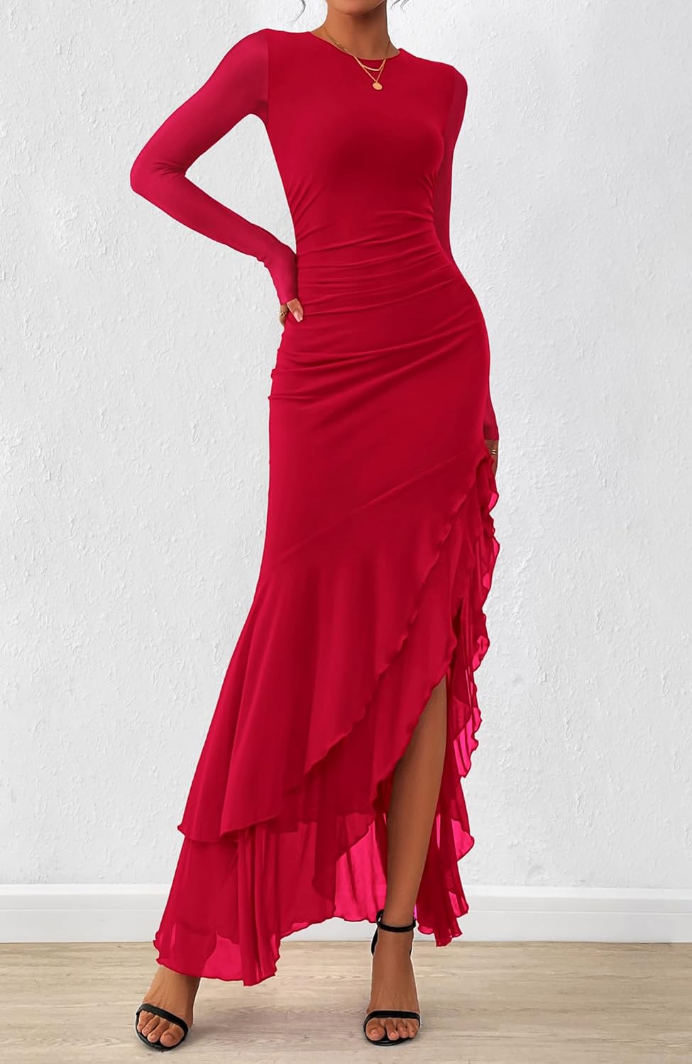 Thumbnail 3 de BTFBM Women's Maxi Dresses Spring 2026 Long Sleeve Ruched Bodycon Solid Ruffle Mermaid Cocktail Wedding Guest Dress
