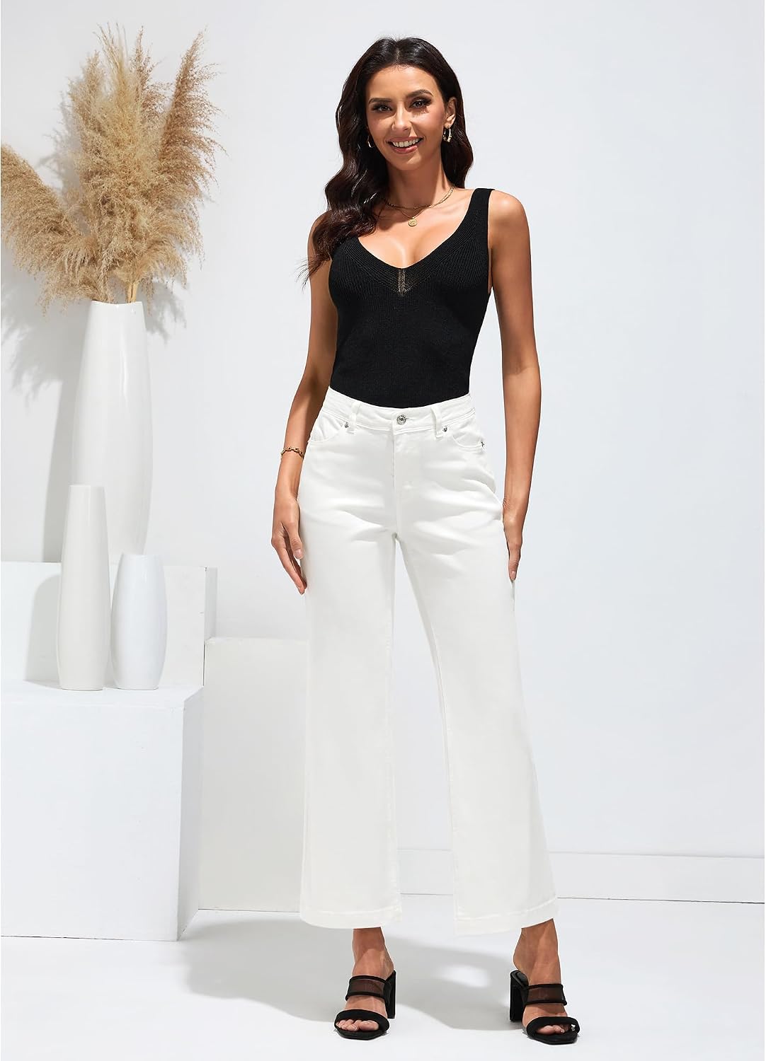 Detalle de GRAPENT High Waisted Flare Jeans for Women — Stretch Denim Wide Leg (33" Long, 31" Regular, 28" Petite)