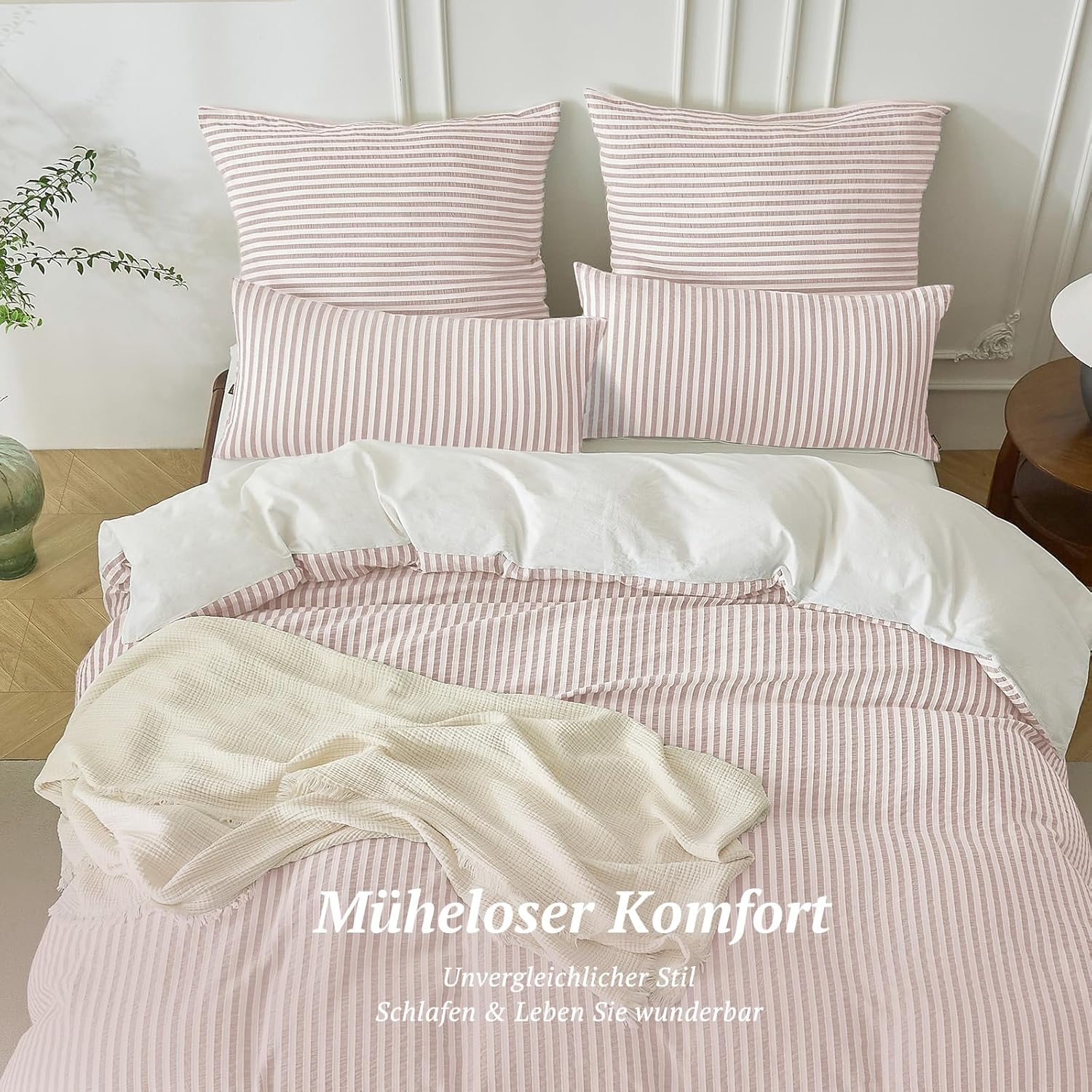 Thumbnail 6 de SOULFUL Bettwäsche 135x200 cm, 4-teilig — Jacquard Gestreift & Stone-Washed Baumwolle, OEKO-TEX, Rosa