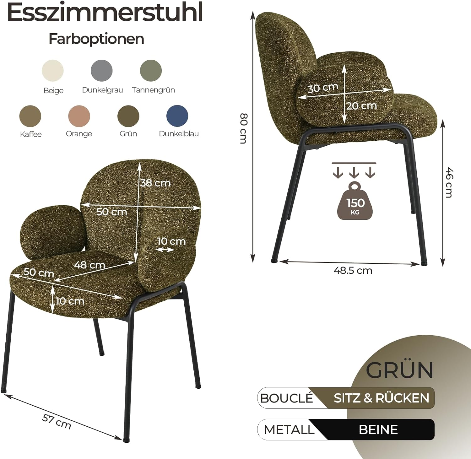 Thumbnail 2 de Goeurvant Lot de 4 Chaises de Salle à Manger Vert avec accoudoirs – Dossier ergonomique, assise en mousse mémoire et pieds réglables