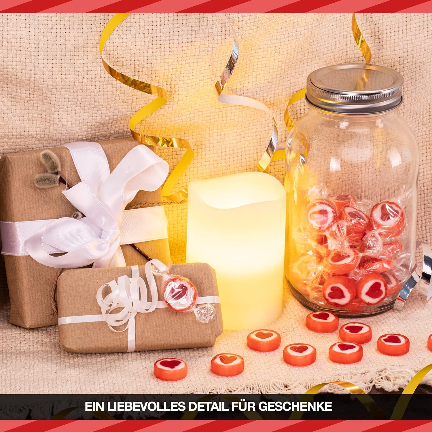 Detalle de Rote Herzbonbons FOOD crew 500 g, einzeln verpackt – Herzbonbons für Candy Bar & Gastgeschenke