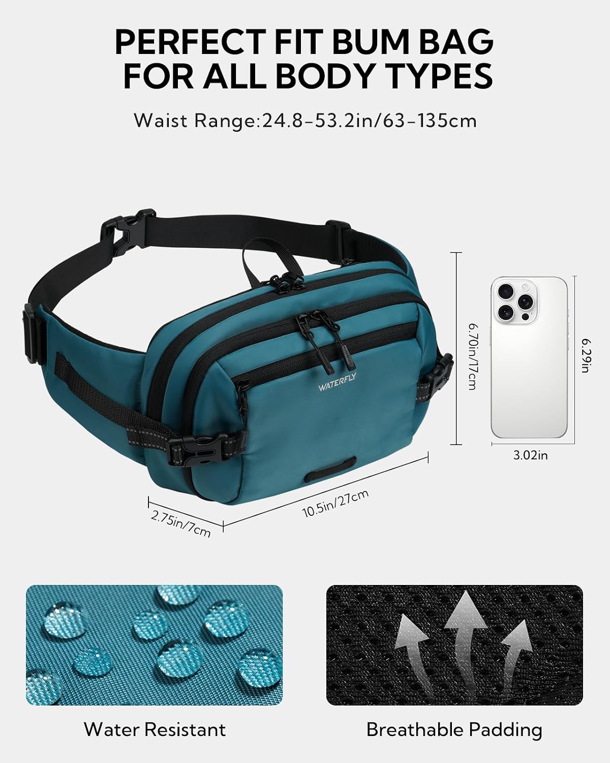 Thumbnail 1 de Waterfly 3L Large Bum Bag with RFID Blocking – 3L Waist Pack for Travel, Walking and Hiking