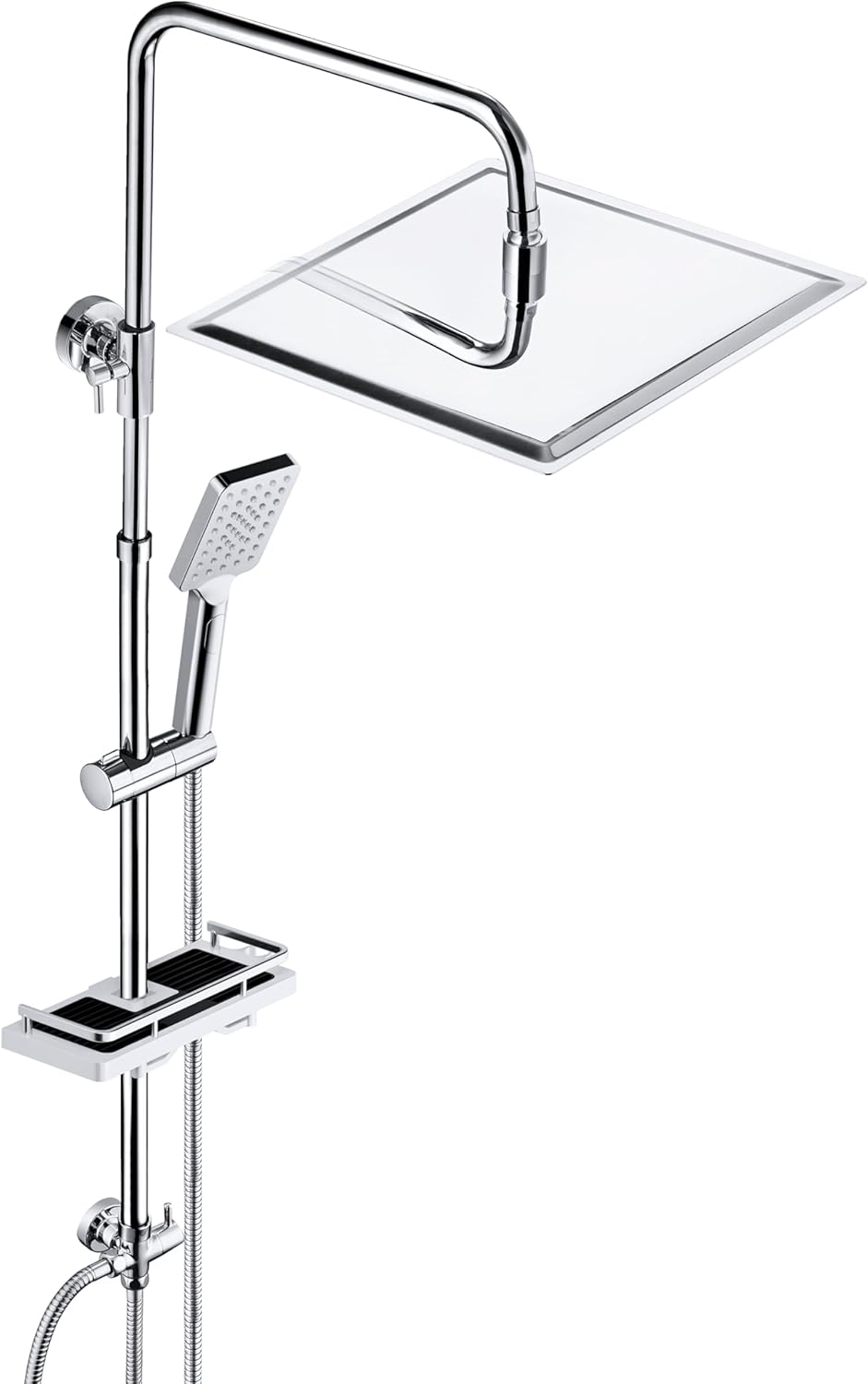 Detalle de JOHO Edelstahl Duschsystem ohne Armatur – Regendusche mit 30x30 cm Kopfbrause, Ablage und verstellbarer Stange