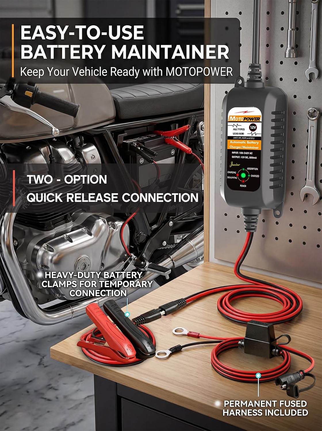 Thumbnail 1 de MOTOPOWER MP00205A 12 V 800 mA: caricabatteria automatico e mantenitore (con desolfatore), confezione da 2