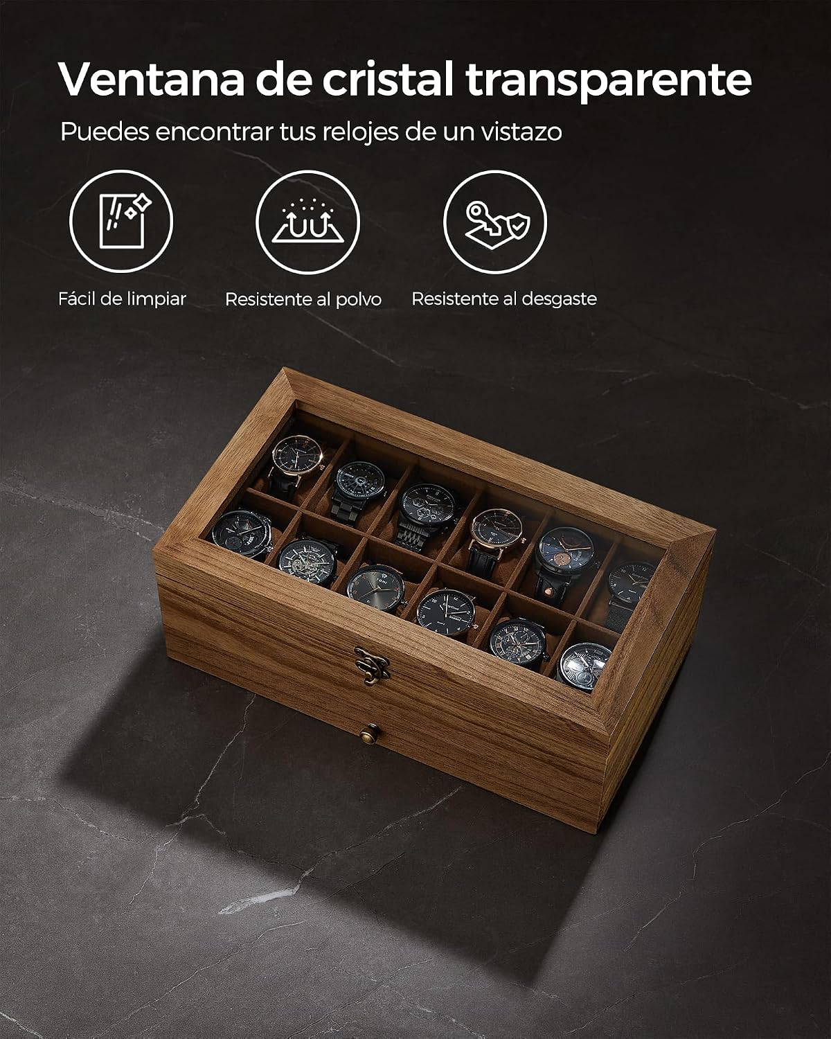 Thumbnail 6 de SONGMICS Caja de Relojes con 12 Ranuras JOW012K01 – Estuche de Madera de Dos Niveles con Tapa de Cristal