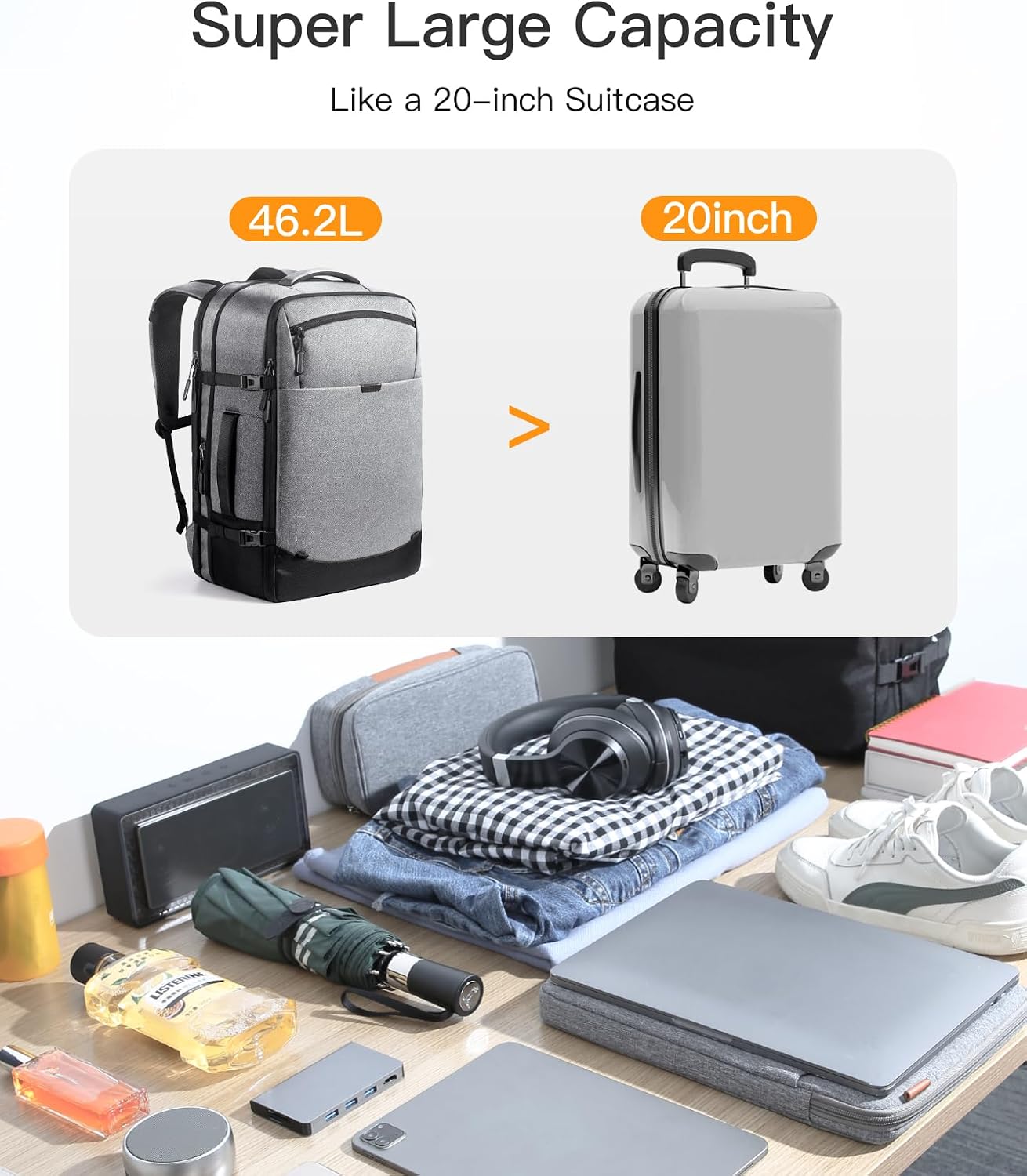 Detalle 2 de Inateck Lightour expandable cabin travel backpack (38.5–46.2L) with 17.3" laptop compartment