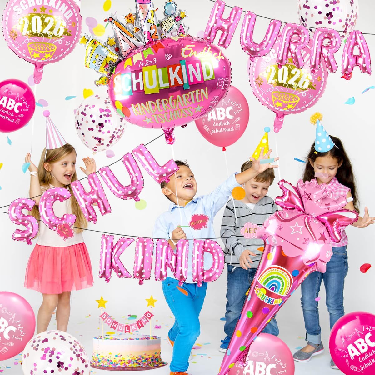 Detalle de iZoeL Schulkind Deko Set Einschulung Mädchen – HURRA SCHULKIND Girlande, 2026 Folienballons und Zuckertüten-Deko