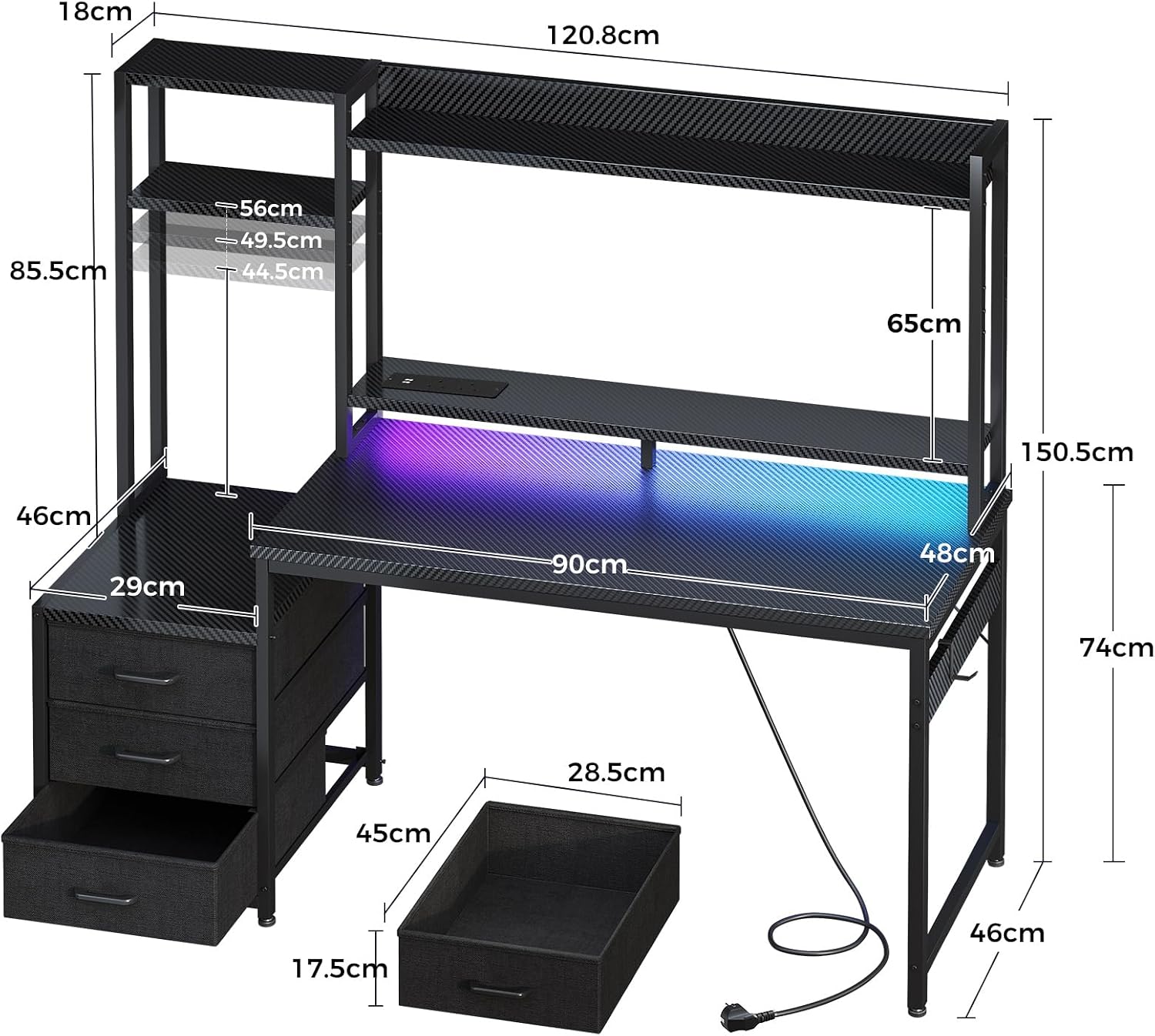 Detalle de Coleshome Gaming Desk with Drawers & Display Shelves, 120×48 cm – LED Lights, Built-in Socket, Reversible Monitor Stand