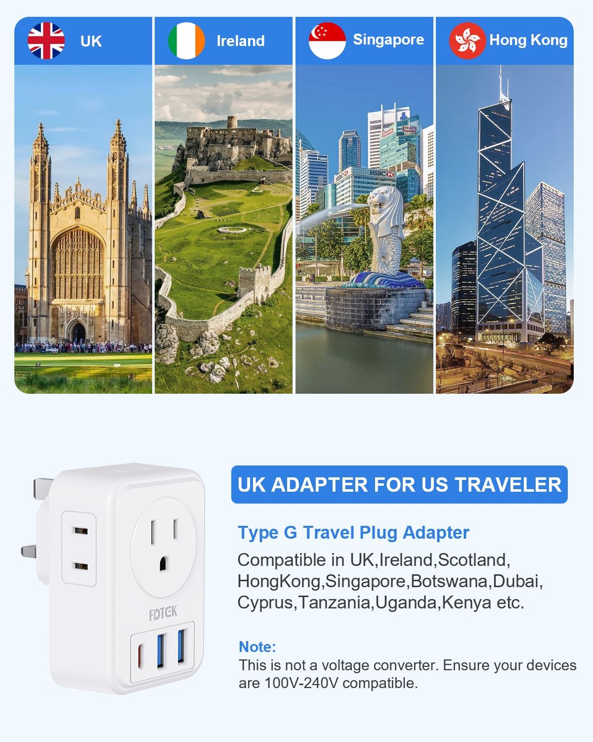 Detalle de FDTEK US to UK Plug Adapter with 3 USB Slots (7-in-1) – Type A/B to Type G