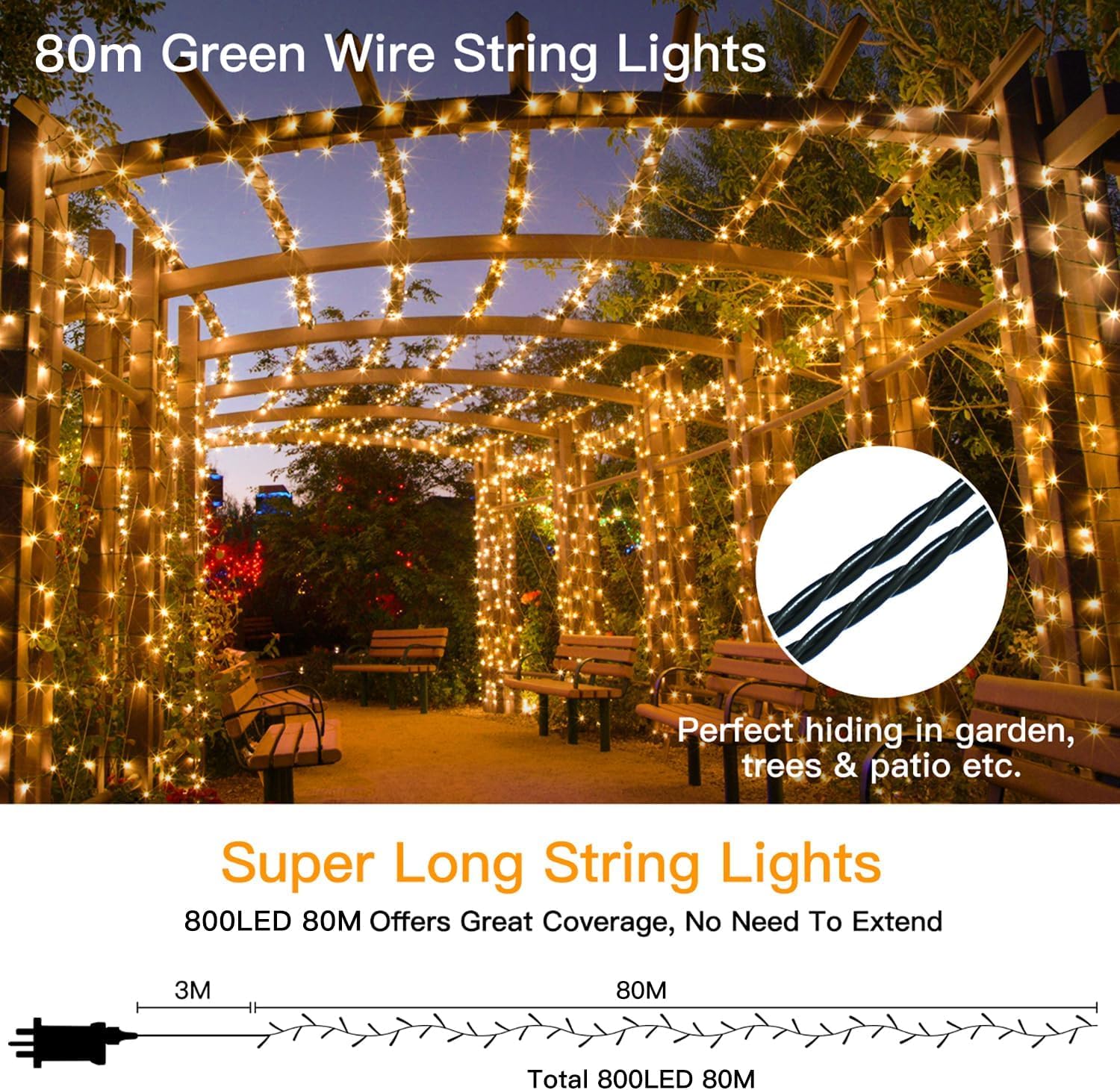 Thumbnail 1 de Ollny 80m Outdoor Christmas Tree Lights with 800 LEDs – Warm White, Waterproof, Mains Powered