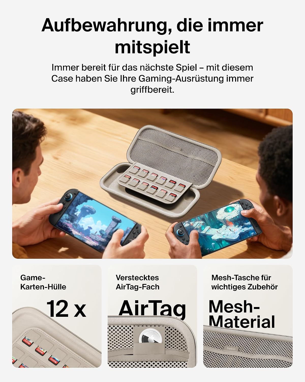 Thumbnail 4 de Belkin Gaming Tasche für Nintendo Switch 2 – Leichtes Hartschalen-Case mit AirTag-Fach, 12 Fächer für Game-Karten, Sandfarben