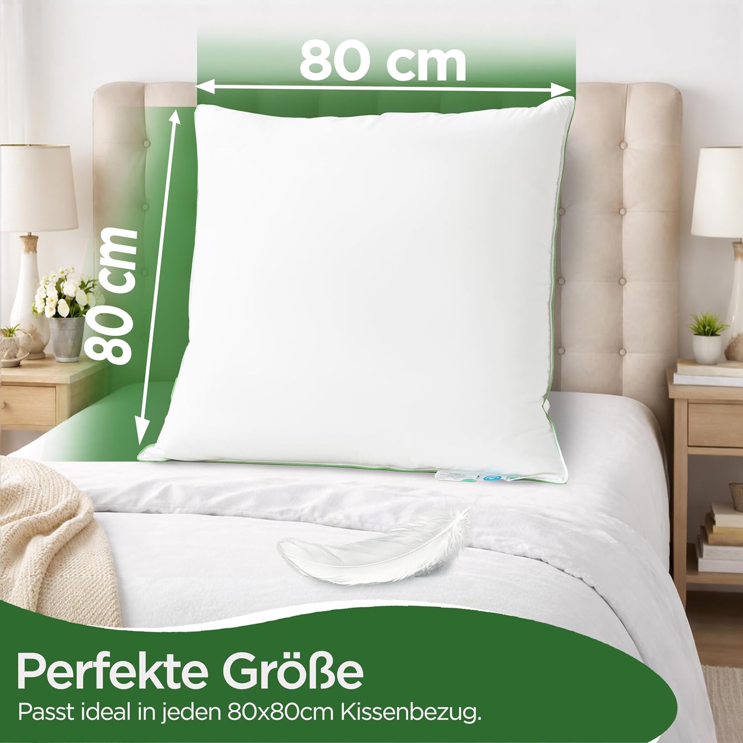 Detalle 2 de Welldora Premium Kopfkissen 80x80 (3-Kammer) mit natürlichen Daunenfasern & Federn – ergonomisch gegen Nackenspannungen