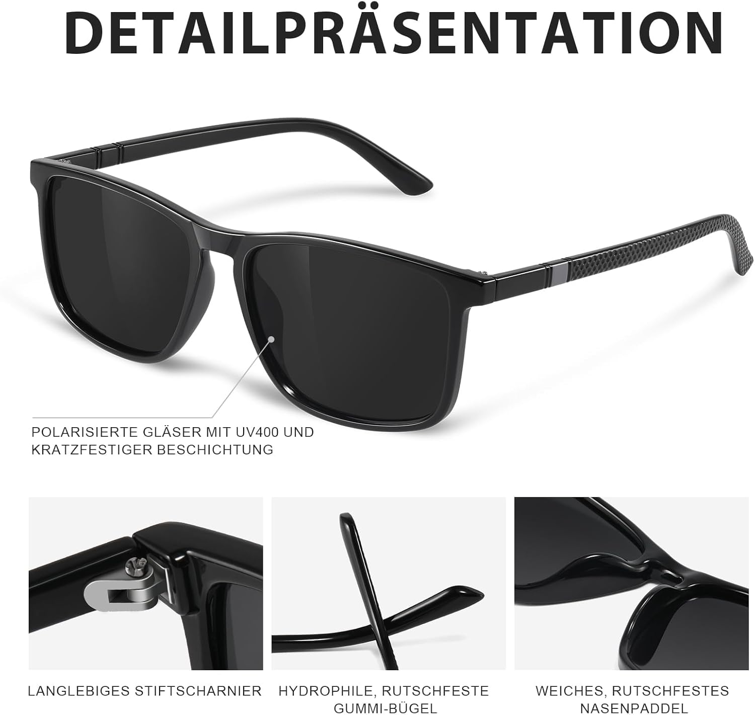 Detalle 2 de Occhsouo Polarisiert Sonnenbrille – UV400 Schutz, TR90 Leichtgewicht, CAT 3, Schwarz
