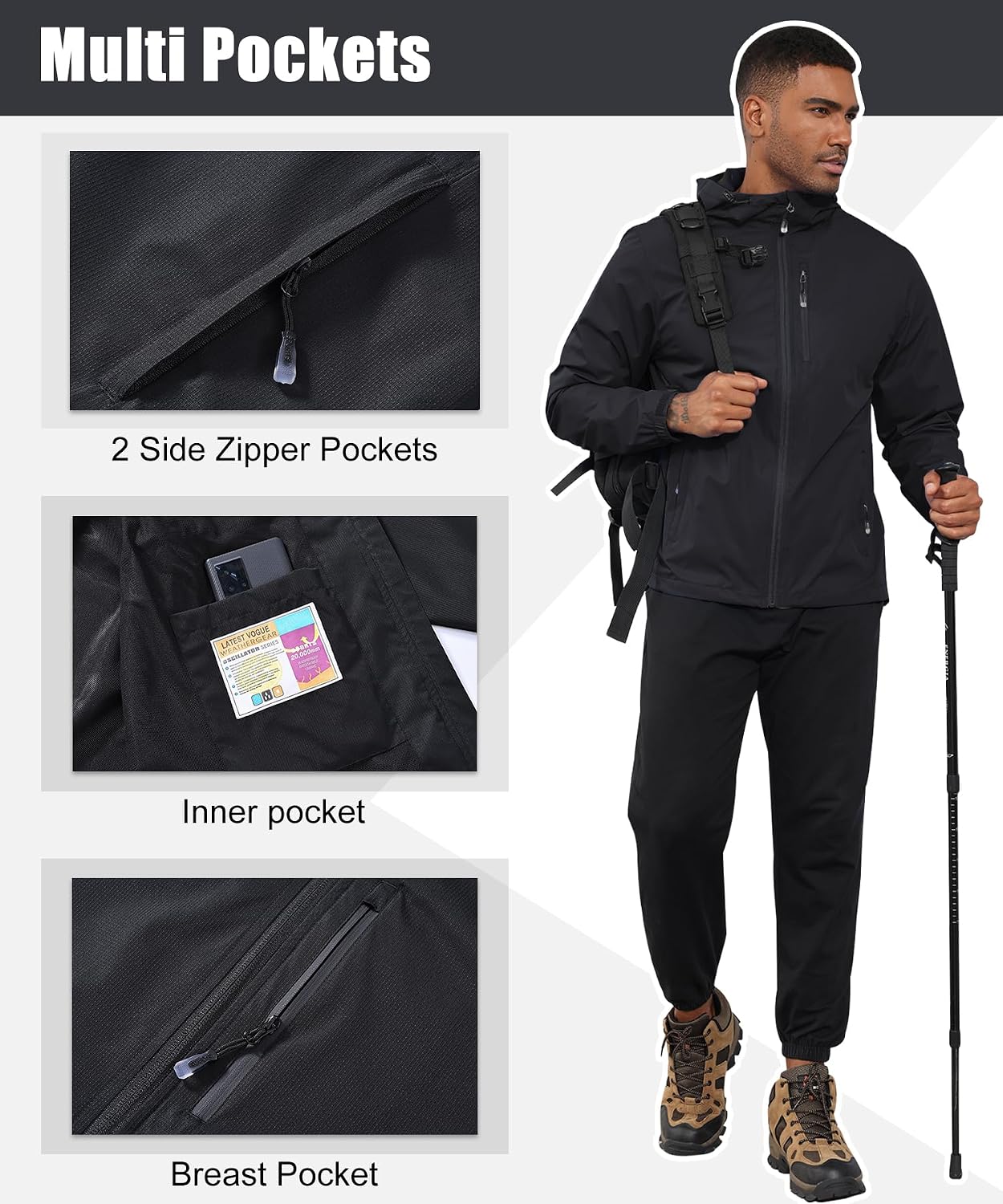 Detalle 2 de Waterproof windproof jacket 3 zipped pockets