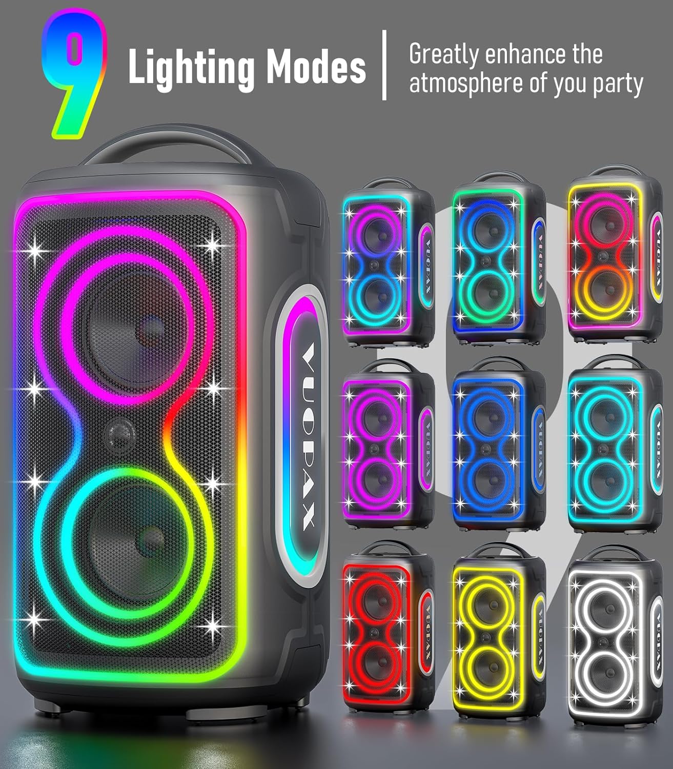 Thumbnail 6 de VUOPAX Bluetooth Lautsprecher Groß Party – 200W, IP65, 24h Akku, TWS, RGB-Lichtshow