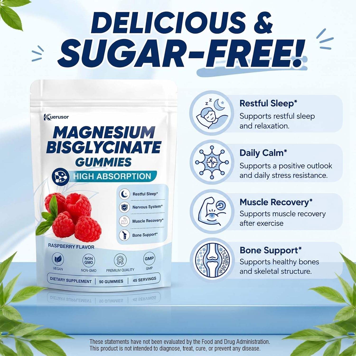 Detalle 2 de Kuerusor Magnesium Bisglycinate Gummies, 400mg, Vegan, Sugar-Free Raspberry