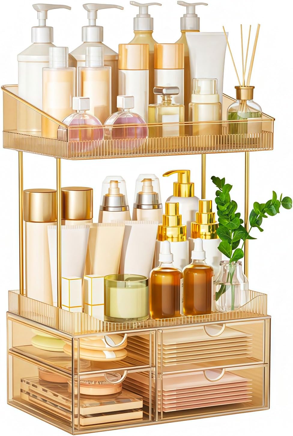 Detalle de StowBin Makeup Organiser with 2 Shelves & 4 Drawers (Transparent Tawny)