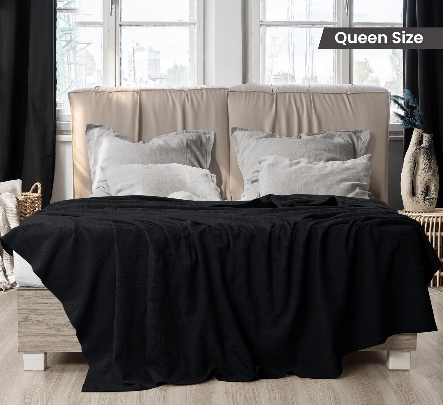 Detalle de Utopia Bedding 100% Cotton Thermal Blanket, Black Queen, 90 x 90 Inches