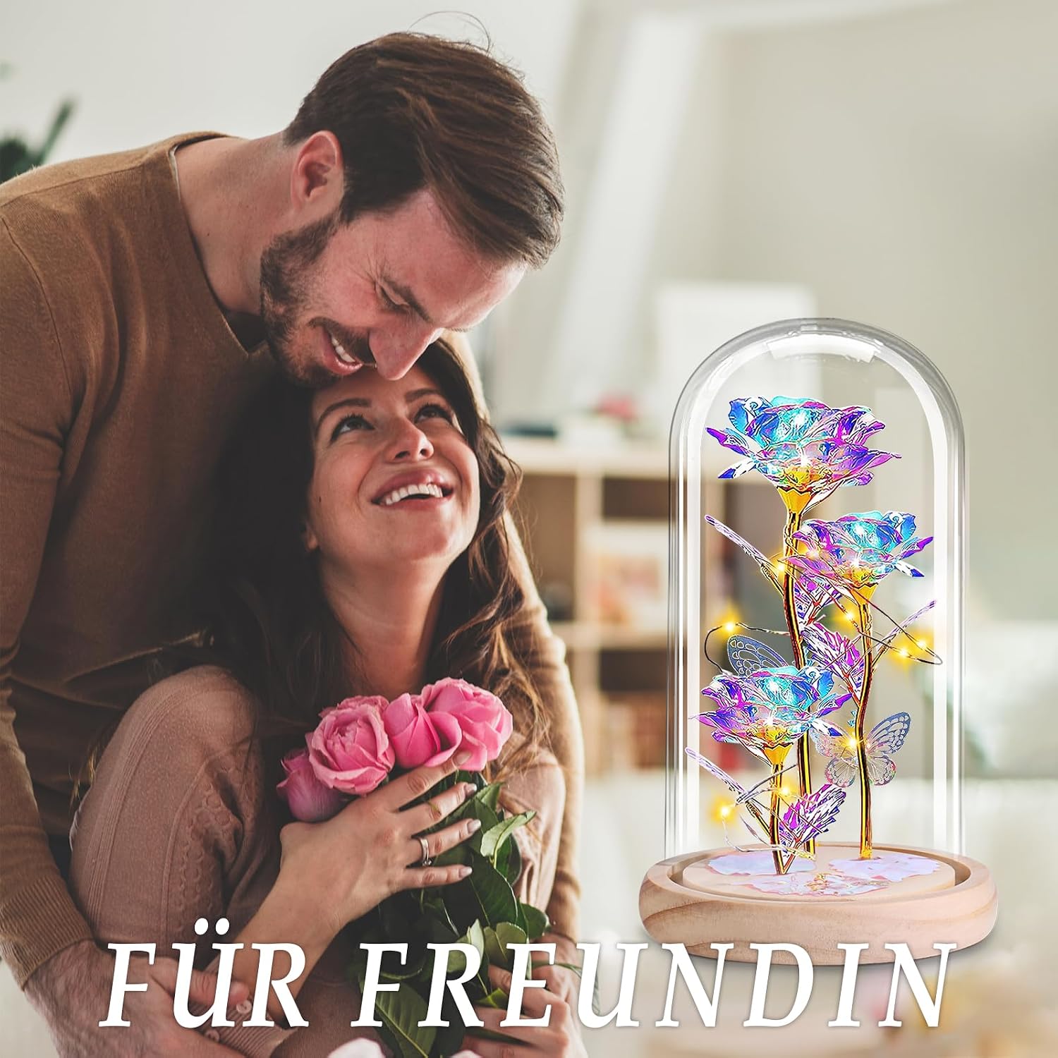 Thumbnail 3 de BOLEi eeuwige roos onder glazen stolp met 15 leds en 3 Galaxy-rozen