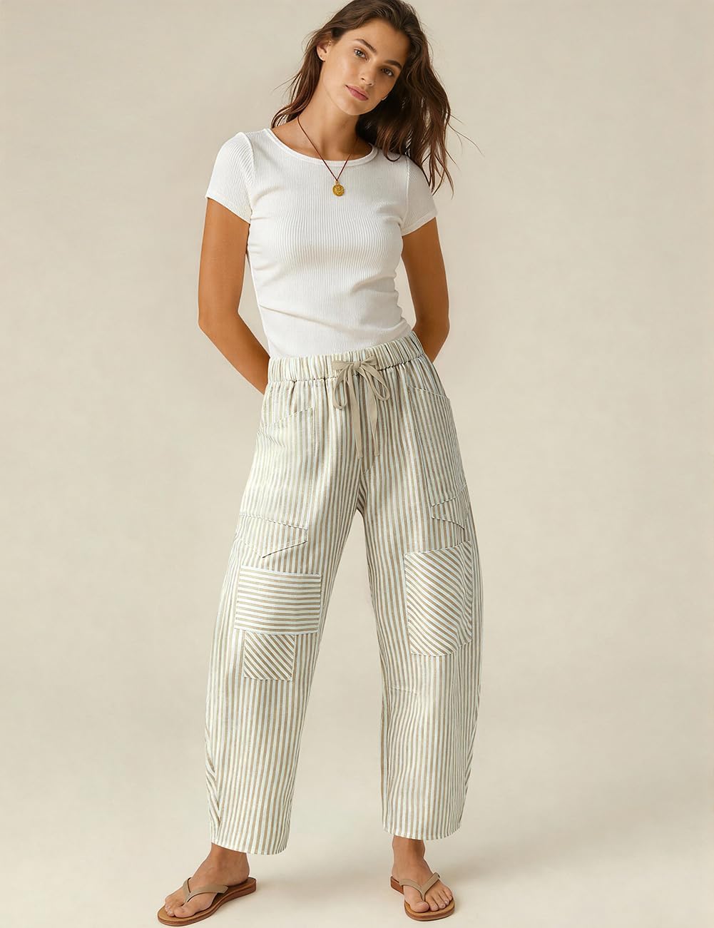 Detalle 2 de TARSE Striped Linen-Blend Barrel Pants with Pockets, Drawstring Waist