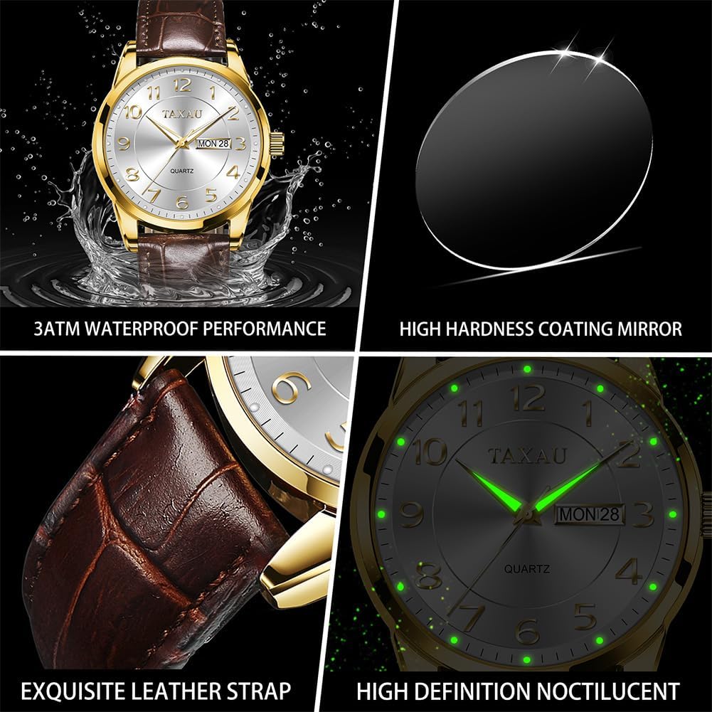 Detalle de Taxau Herren Armbanduhr Chronograph, wasserdicht, Lederband, Datum – Leuchtendes Zifferblatt