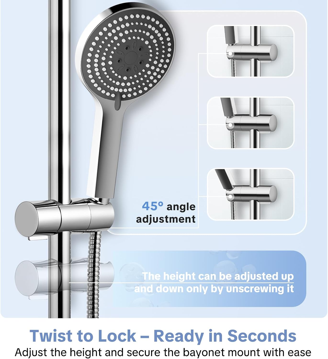 Thumbnail 4 de OFFO Shower Head Holder for 20-23mm — Adjustable 19-25mm Diameter Bracket, 45° Rotation, Chrome
