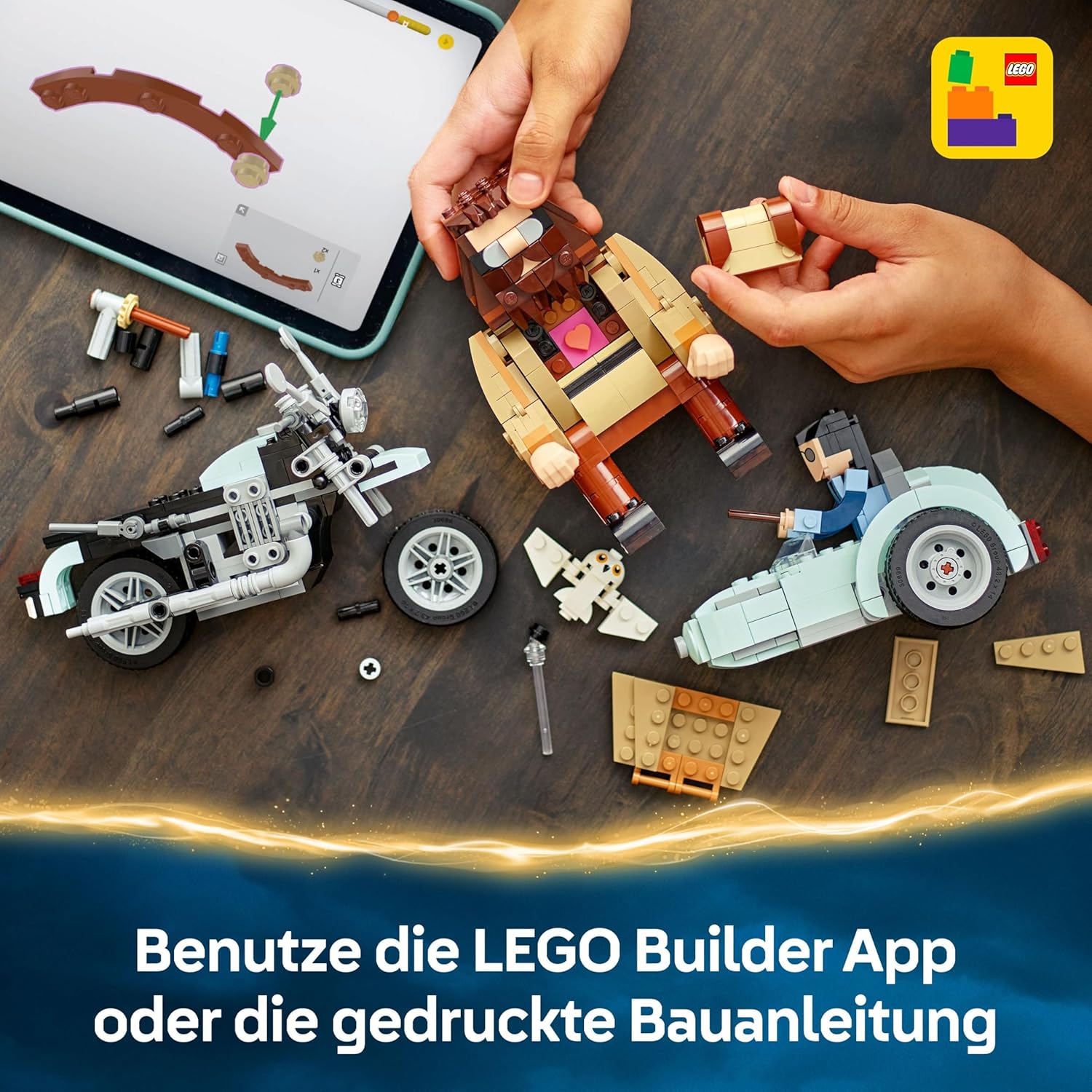 Detalle de LEGO Harry Potter 76443 „Hagrids und Harrys Motorradtour“ mit Motorrad, Beiwagen & Eule Hedwig