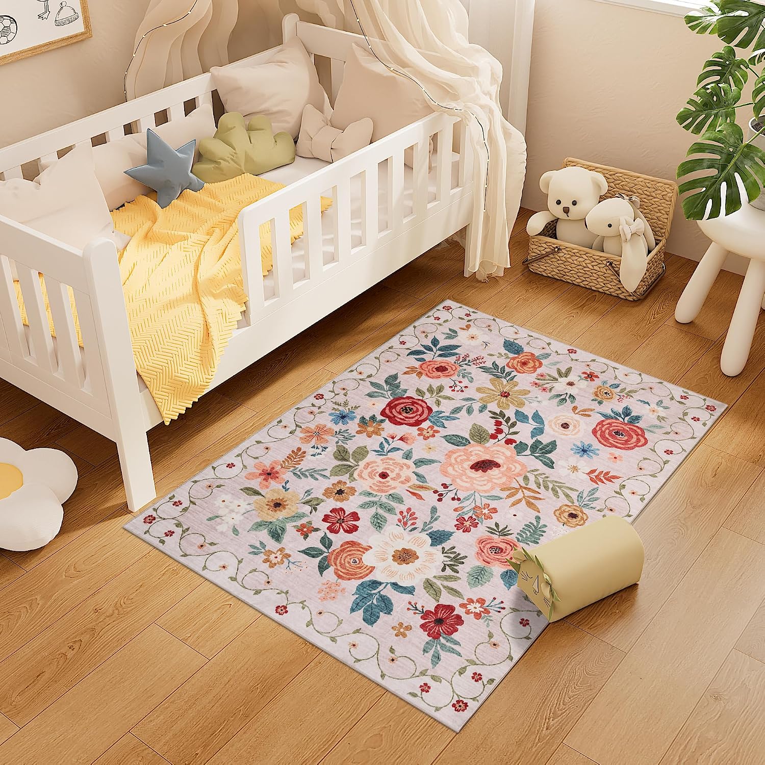 Detalle de DUKINO 3x4 Floral Area Rug, Low Pile Beige 🏠