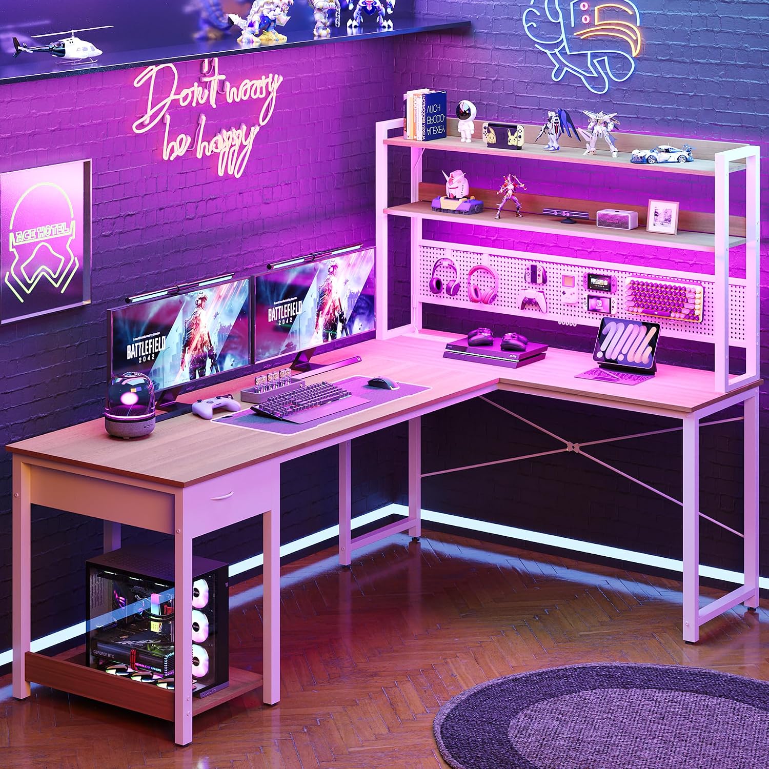 Thumbnail 2 de YOUDENOVA Scrivania Gaming con Pannello Forato, Libreria e LED RGB – Angolare reversibile, 155x100x152 cm, Legno Bianco