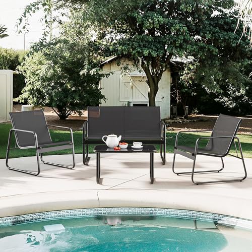 Thumbnail 5 de Bealife conjunto de muebles de jardín de 4 piezas (3 sillones + mesa de vidrio) en tela Teslin, negro