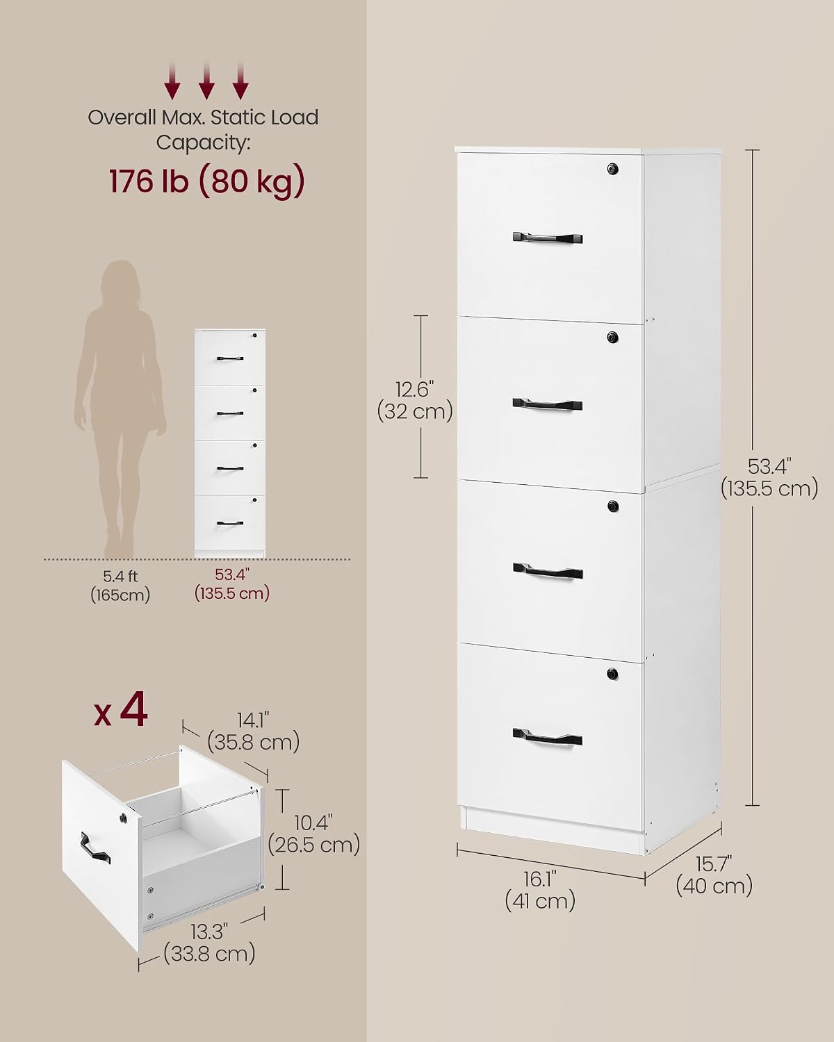 Detalle de VASAGLE CUSTOS OFC082W02 Filing Cabinet, 4 Lockable Drawers, Printer Stand