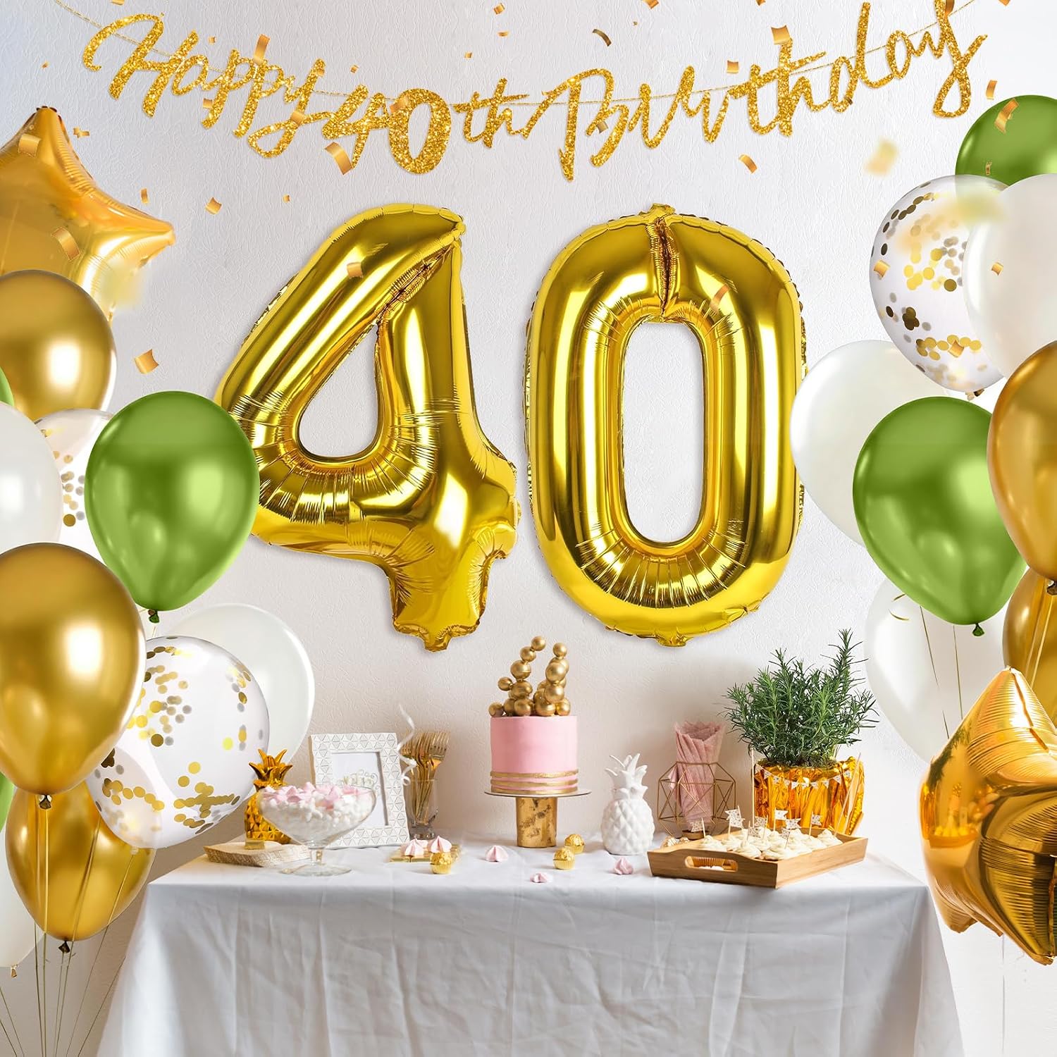 Detalle de Kit déco ballons anniversaire 40 ans MIEWAA : bannière Happy Birthday + ballon chiffre 40 + étoiles foil et ballons latex